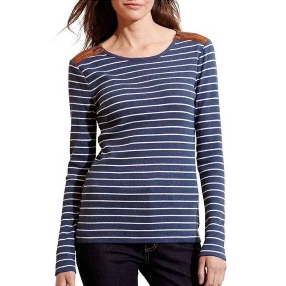 Large Ralph Lauren Long Sleeve Blue with White Stripes + Zipper Shoulders